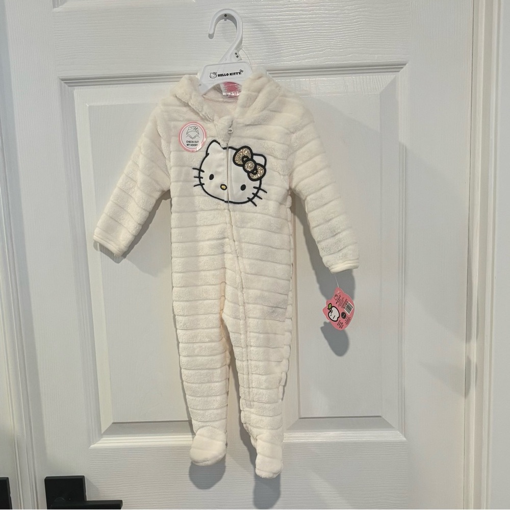 Hello Kitty Sanrio Baby Long Sleeve Cream Soft Footie with Hood Bow Size 9M NEW‎